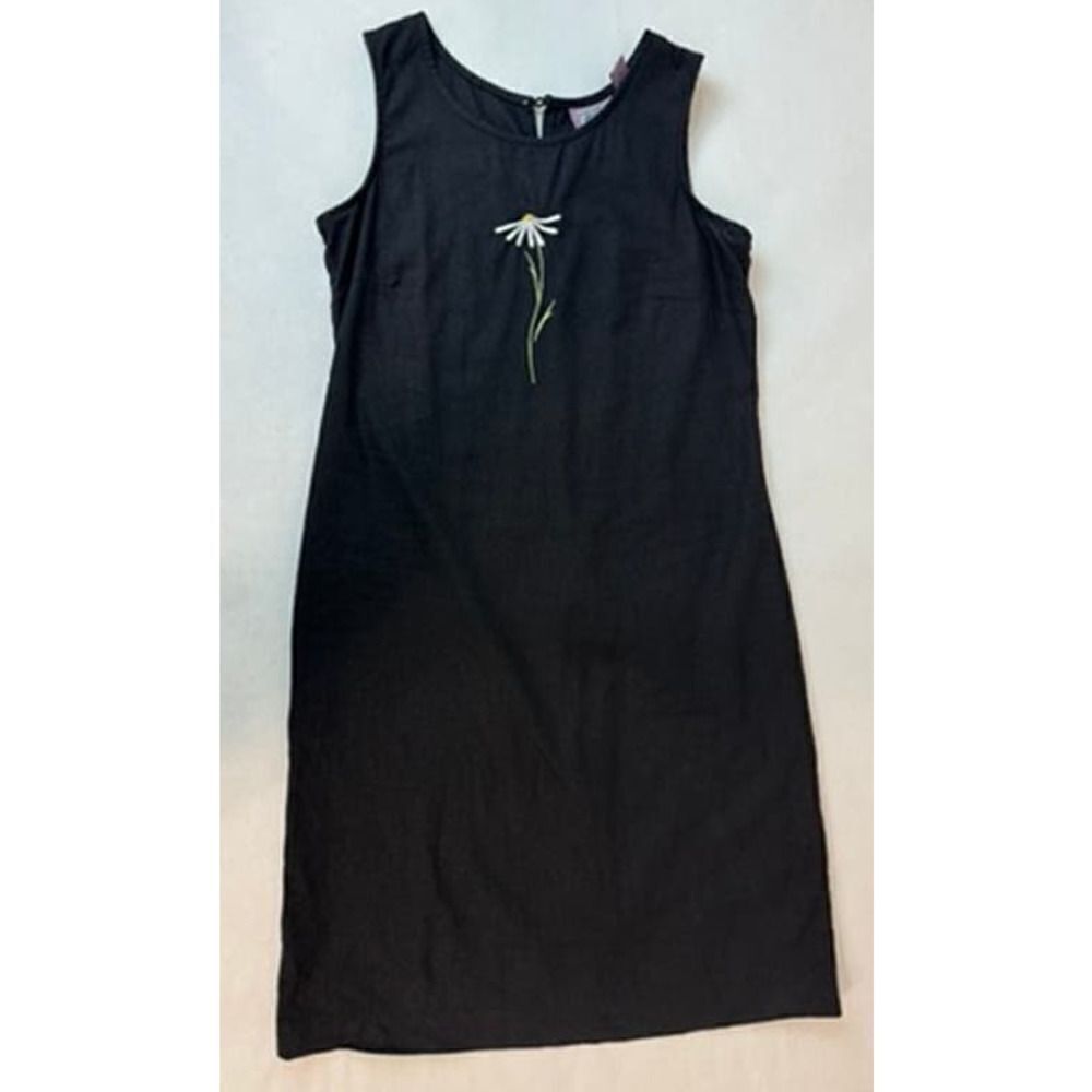 Vintage Embroidered Linen Blend Dress Daisy Black - Size Medium 10 - 12